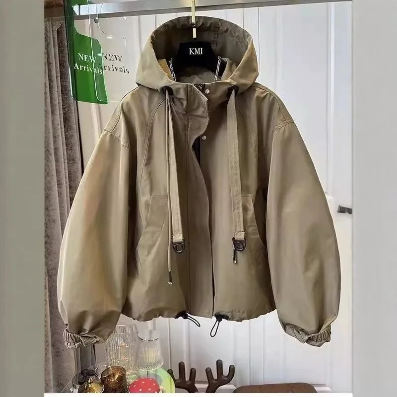 Korean Trench Coat Women 2026 Spring Autumn New Loose  Long Sleeve Casual All-Match Hooded Windbreaker Outerwear Ladies Overcoat