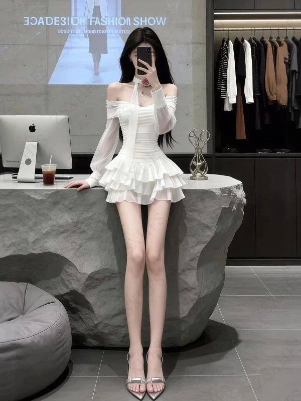 Korea Kawaii Sexy Dresses Punk Aesthetic 2000s Summer Sexy Girl Gentle Dress Chiffon Perspective Trendy Slim Tiered Short Dress