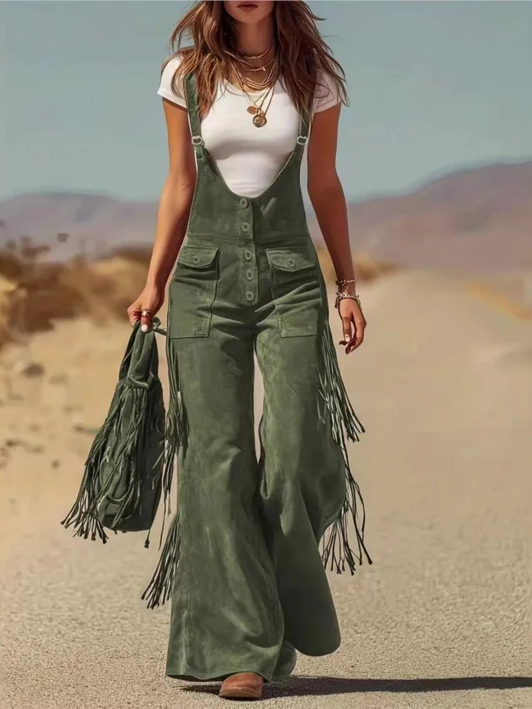 Women's Fashion Retro Western Tassel Wide Leg Jumpsuit 2026 New Casual Pocket Straps Female All-Match Rompers