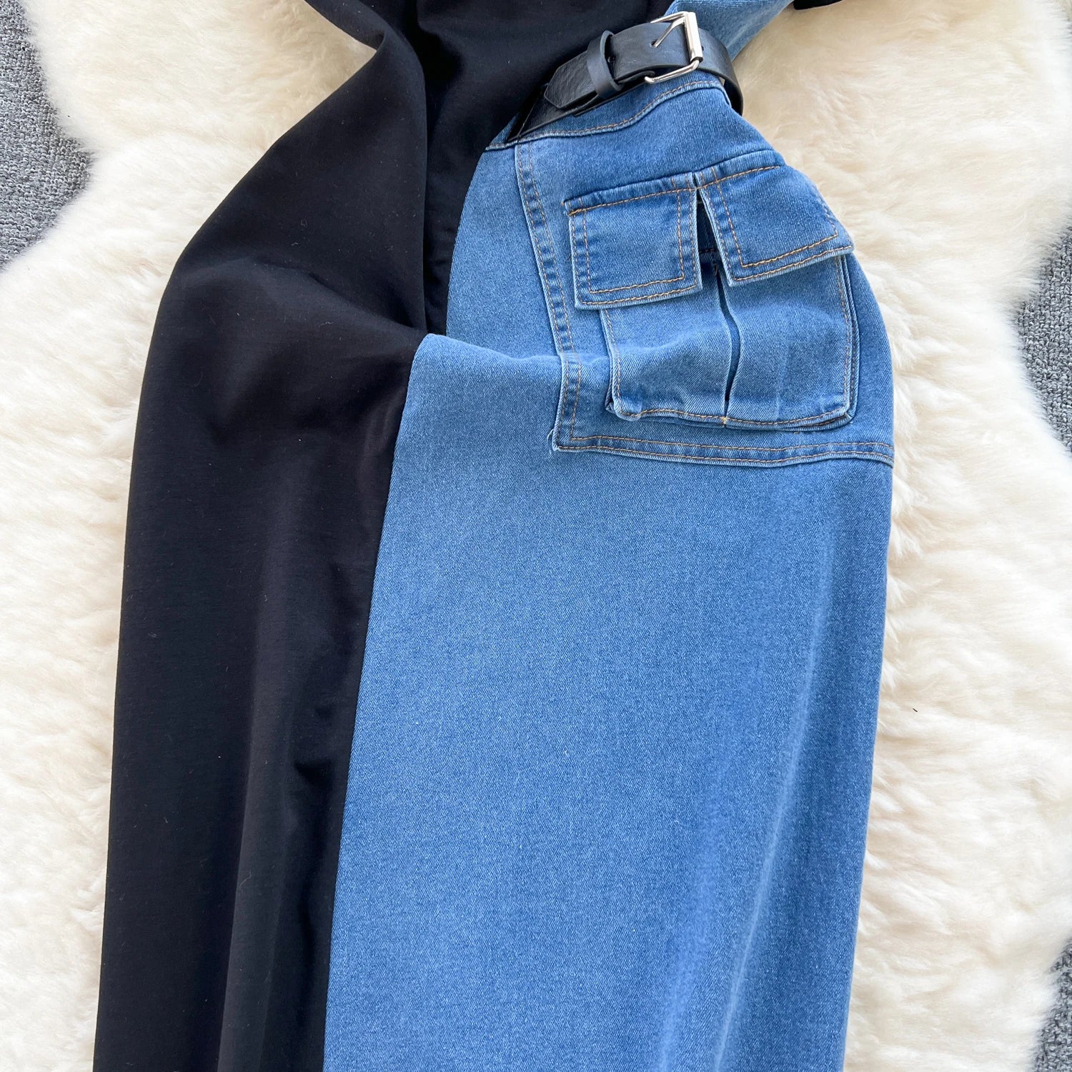 Women Design Contrast Color Splicing Denim Slim Mid-length Short-sleeved Temperament Youth Woman Summer Dress