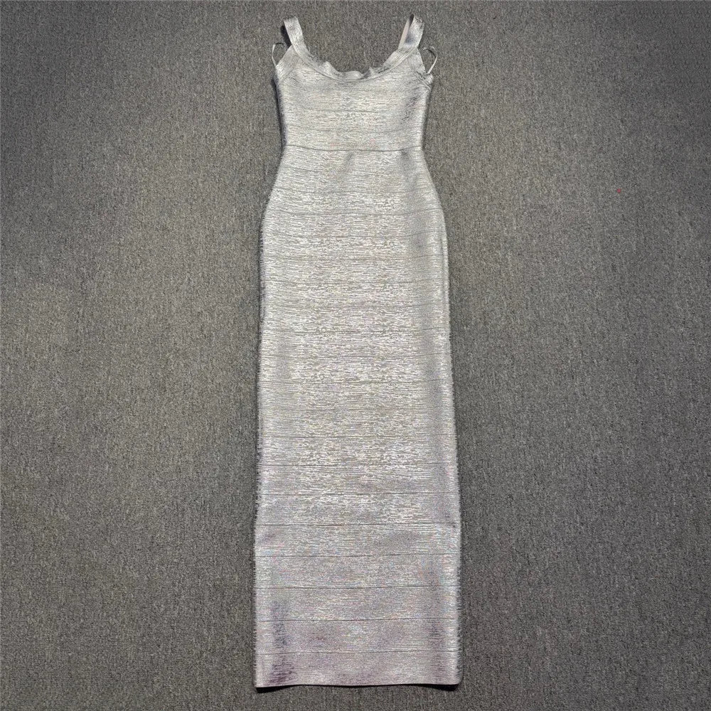 Fashionable Hot Stamping Women Spaghetti Strap Bandage Dress Celebrity Party Maxi Dresses