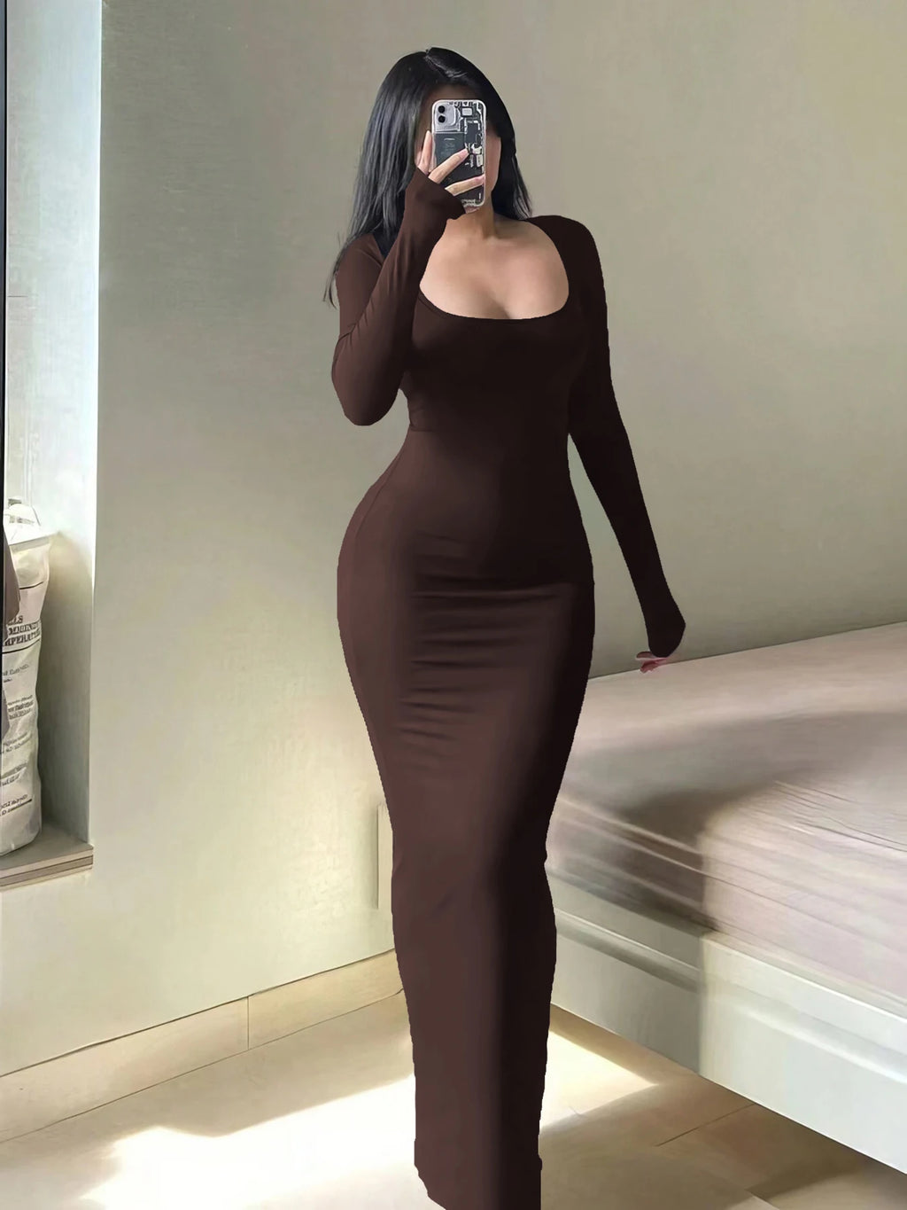 Women's Solid Long Sleeve Bodycon Dress, Chic Basic Minimalist Causual Fashion Scoop Neck Long Dress, Womenswear