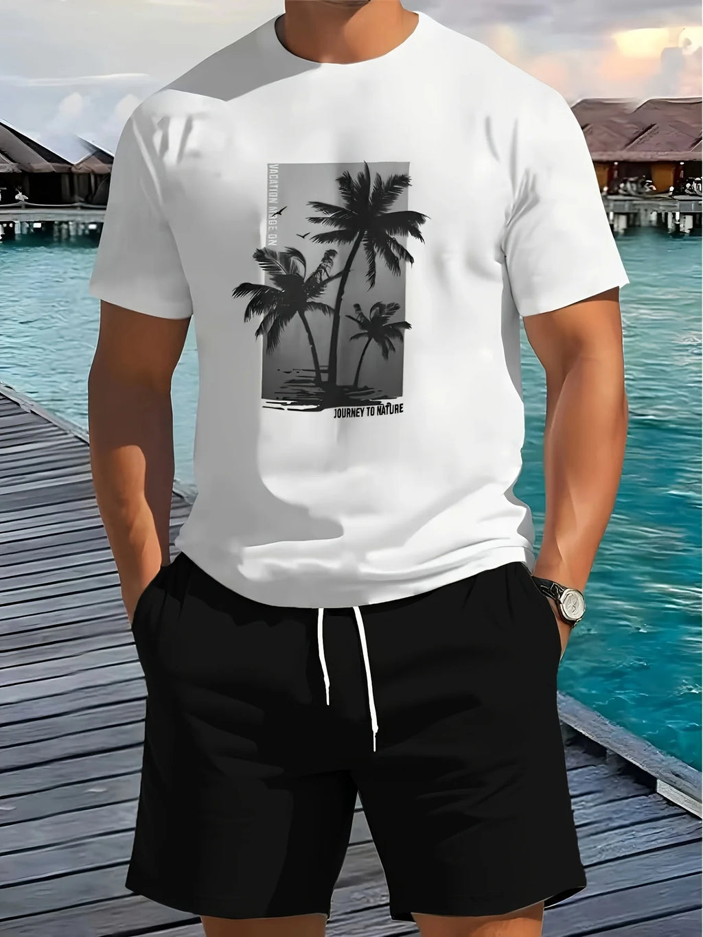 Men's Summer Fashion Casual Loose-Fit Set Plus Size Coconut Grove Print Crew Neck Short Sleeve Drawstring Shorts Two-Piece Set