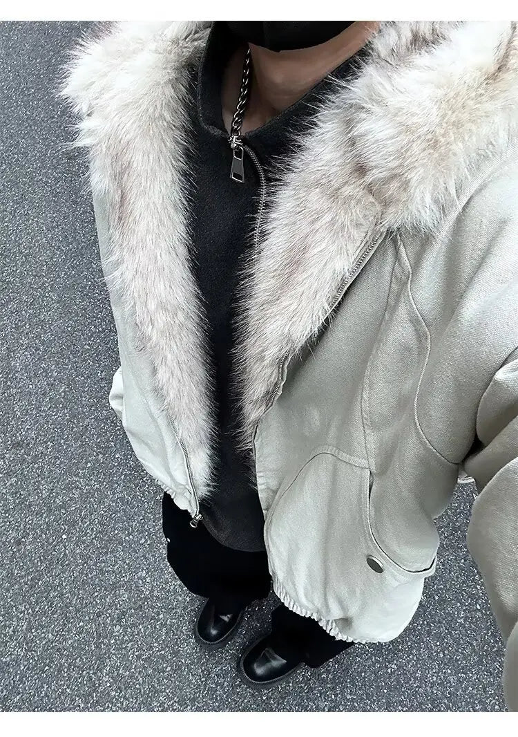 American Retro Lamb Fleece Cotton Jacket Winter Thickened Keep Warm Fur Collar Jacket Zipper Hoodie Loose Coat men clothing