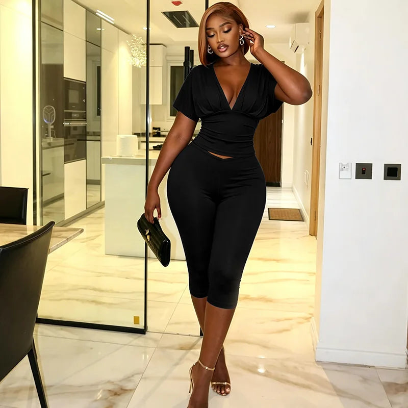 STYLISH LADY Y2K Solid Color Two Piece Set Batwing Sleeve Ruched Top Capri Pants 2026 Women Bodycon Vacation Party Outfits