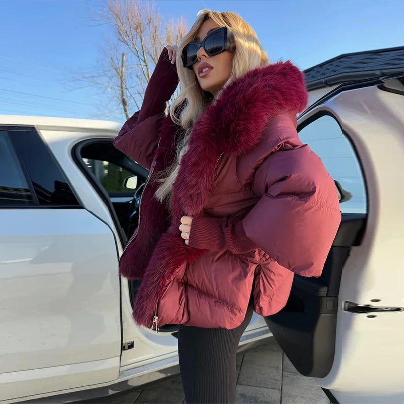Fashion Women's Faux Fur Hooded Winter Jackets 2025 Warm Patchwork Zipper Full Sleeve Coats Puffer Female Solid Down Jacket
