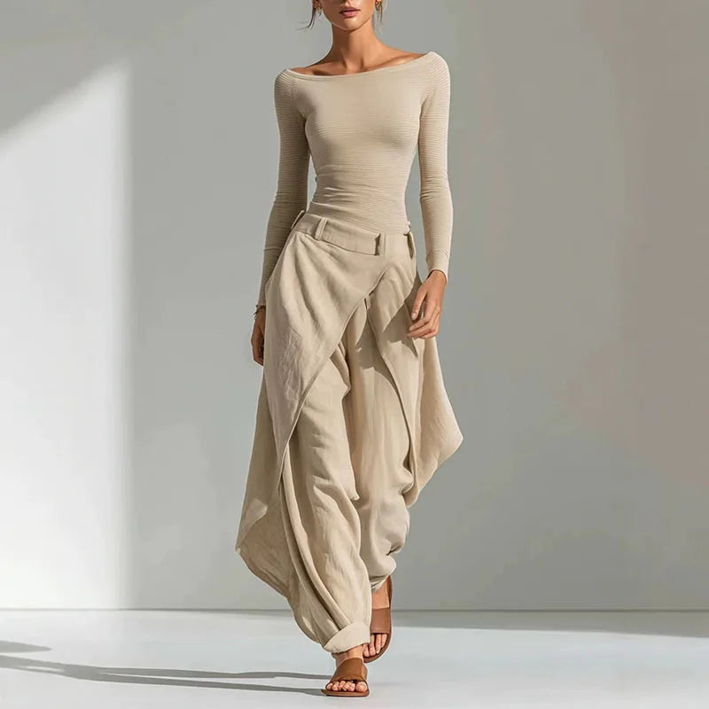 Women Solid Irregular 2 Piece Suit Off Shoulder Long Sleeve Slim Tops & Long Pants Set Autumn Casual Boho Spliced Tierred Outfit
