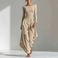Women Solid Irregular 2 Piece Suit Off Shoulder Long Sleeve Slim Tops & Long Pants Set Autumn Casual Boho Spliced Tierred Outfit