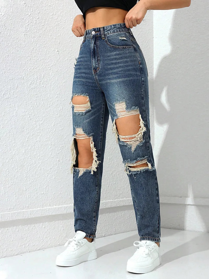 Women's High Waist Ripped Denim Jeans with Distressed Knee Holes and Straight Leg Fit for Casual Streetwear Fashion