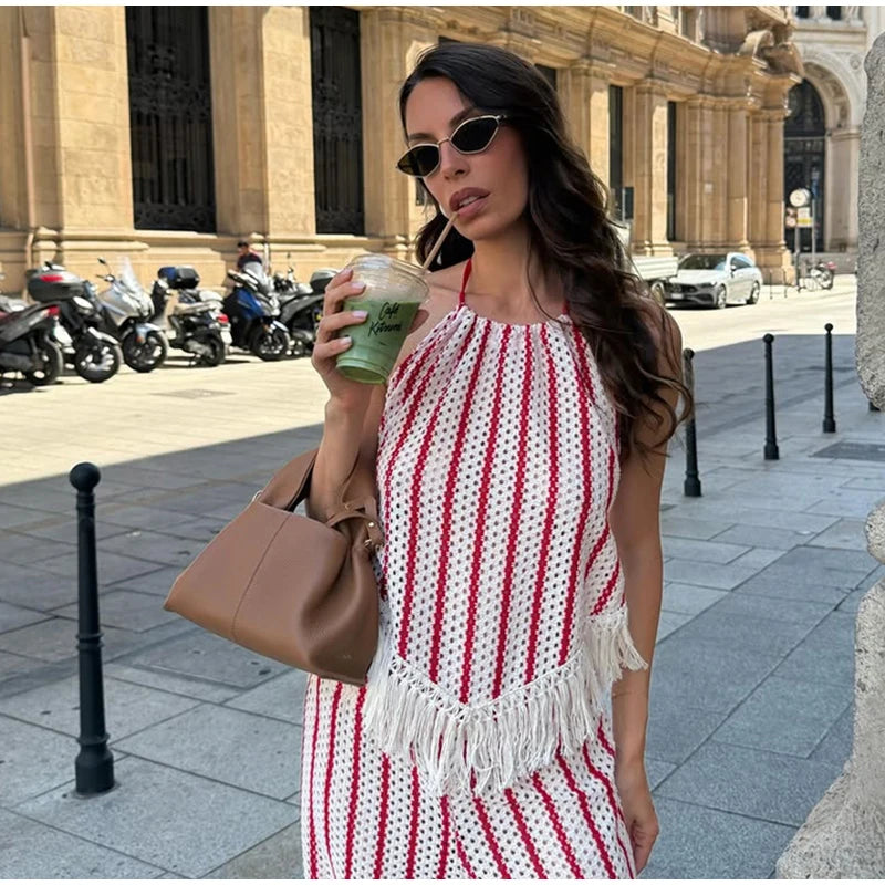 Halter Vertical Striped Fringe Two Piece Set Sleeveless Tank Top Loose Wide Leg Pants Women 2026 Summer Holiday Beach Chic Suit