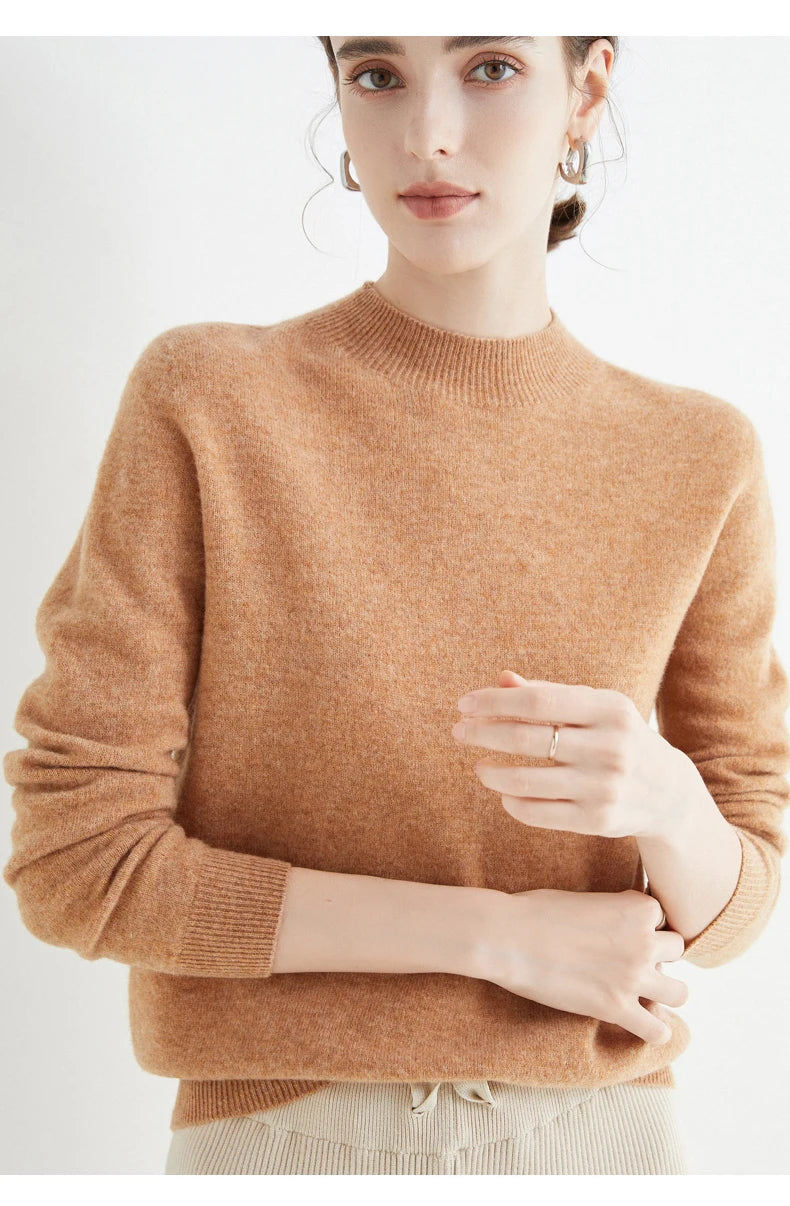 First-Line Seamless Women's Half-Turtleneck 100% Pure Wool Sweater Solid Color Long Sleeve Pullover Knitted Bottoming Sweater