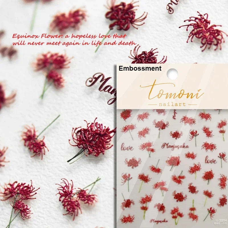 Elegant Chinese Charm Shiny Nine-tailed Fox Mask Red Equinox Flowers Tragedy Love Soft Reliefs Nail Art Stickers Manicure Decals