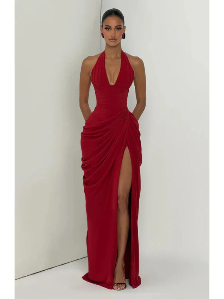 Women Fashion Solid Pleated Halter Dress Waist-cinching Sleeveless Backless Split Maxi Dresses 2026 Sexy Summer Lady Party Gowns