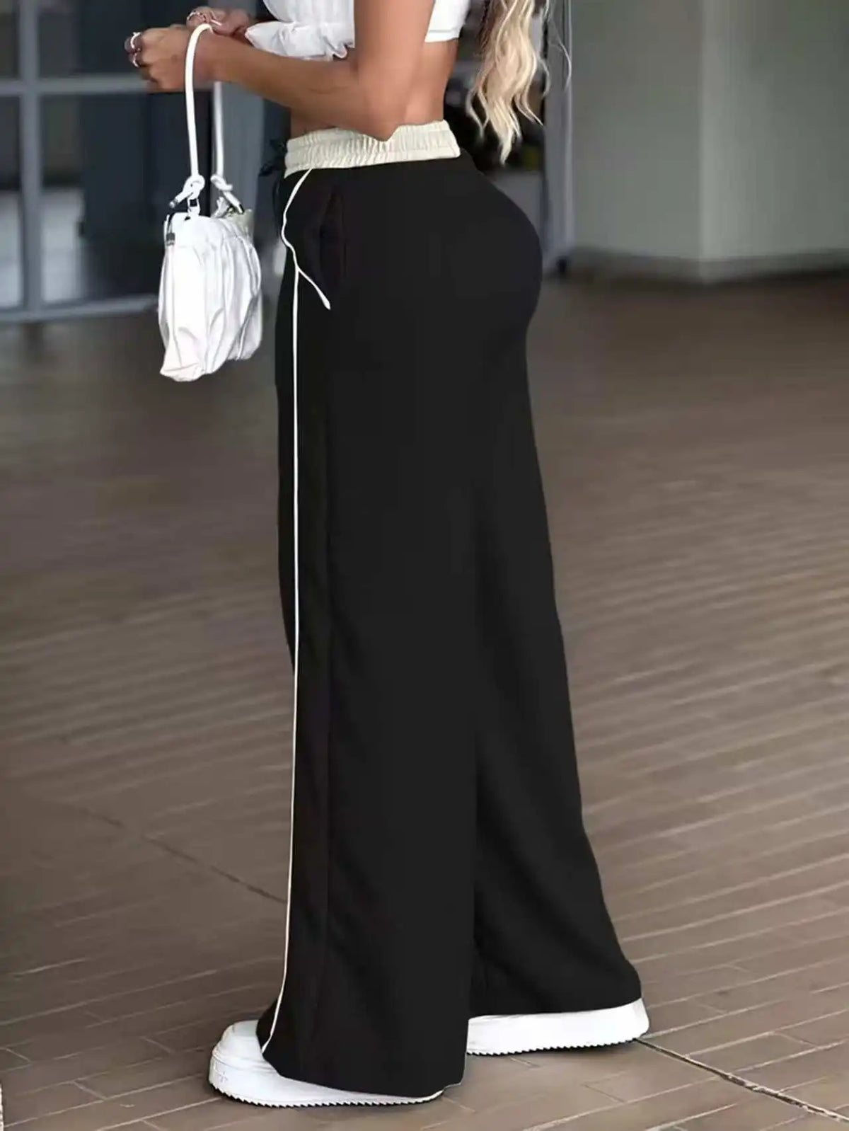 Women's Fashion Casual High Waist Straight Wide Leg Pants Color Block Patchwork Pockets