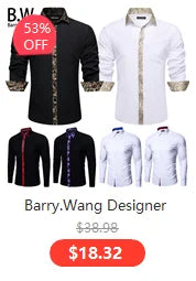Barry.Wang Luxury Silk Mens Shirts Jacquard Floral Long Sleeve Formal Casual Breathable Male Blouses Wedding Business Prom Gift