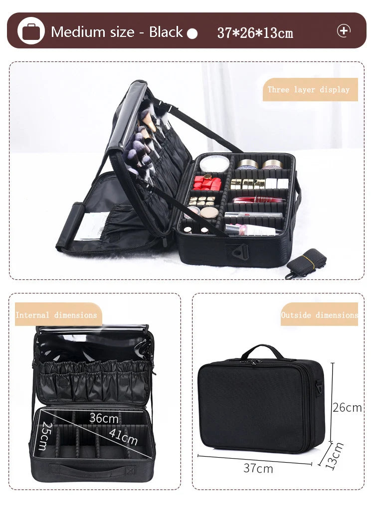 Large Capacity Makeup Case - 3 Sizes Cosmetic Organizer Brush Bag Barber Train Case for Makeup Artists Hair Cutter Sets
