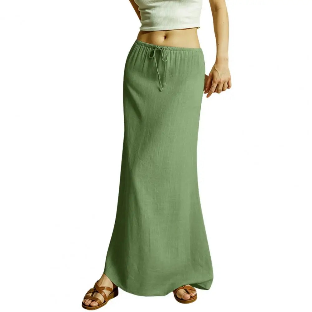 Summer Women Maxi Skirt Mid-rise A-Line Drawstring Solid Color Long Lady Skirt Work Leisure Daily Wear