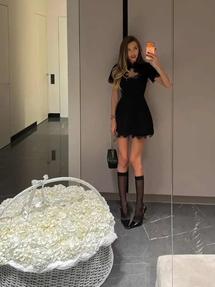 Black Lace Trim Hollow Out Mini Dress Women A-line Turtleneck Waist Cinched Short Sleeve Vestidos 2026 Lady Daily Party Gown