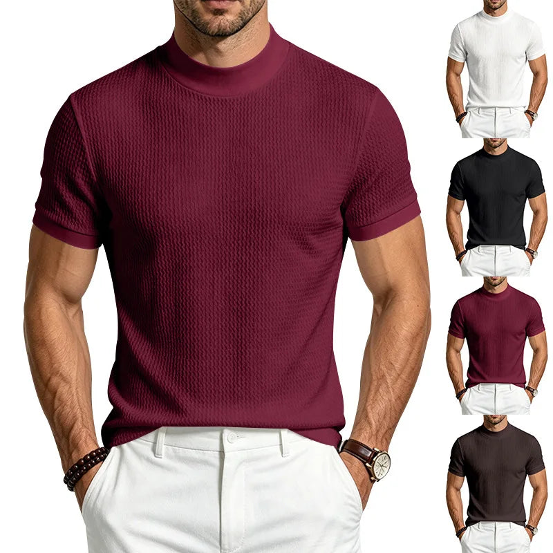 Men Summer Solid Jacquard Textured Mock Neck Short Sleeve T Shirt Slim Fit Simple Versatile Casual Daily Male Basic Tees