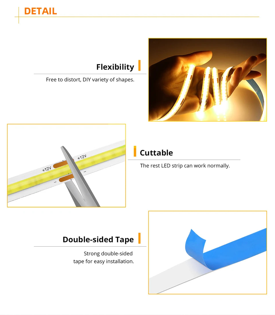 DC12V DuPont LED Light Cob Strips 1m -5m with 2M Cable Wire Under Cabinet Light for Centralized Control Lamp Kitchen Lighting