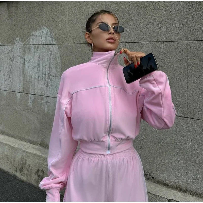Women's Casual Solid Color Two-piece Short Stand-up Collar Jacket Wide-leg Pants 2026 Street Style Women's Clothing Set
