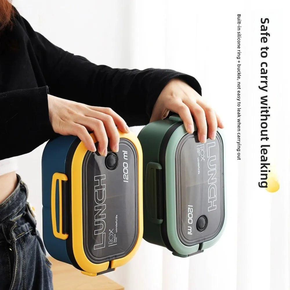 Portable Double-Layer Lunch Box with Fork And Spoon Compartment Food Container Microwave Safe for Picnics And Freshness Preserva