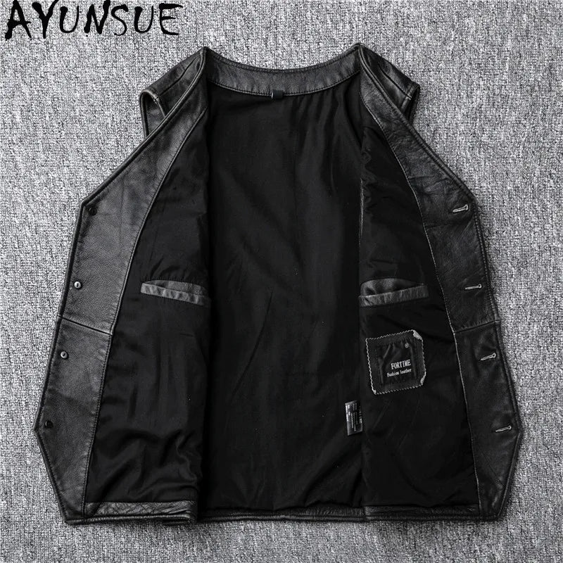 AYUNSUE Genuine Leather Jackets Mens Clothing Retro Cowhide Vest Black Jacket Fashion Short Vests Jaqueta De Couro Masculino