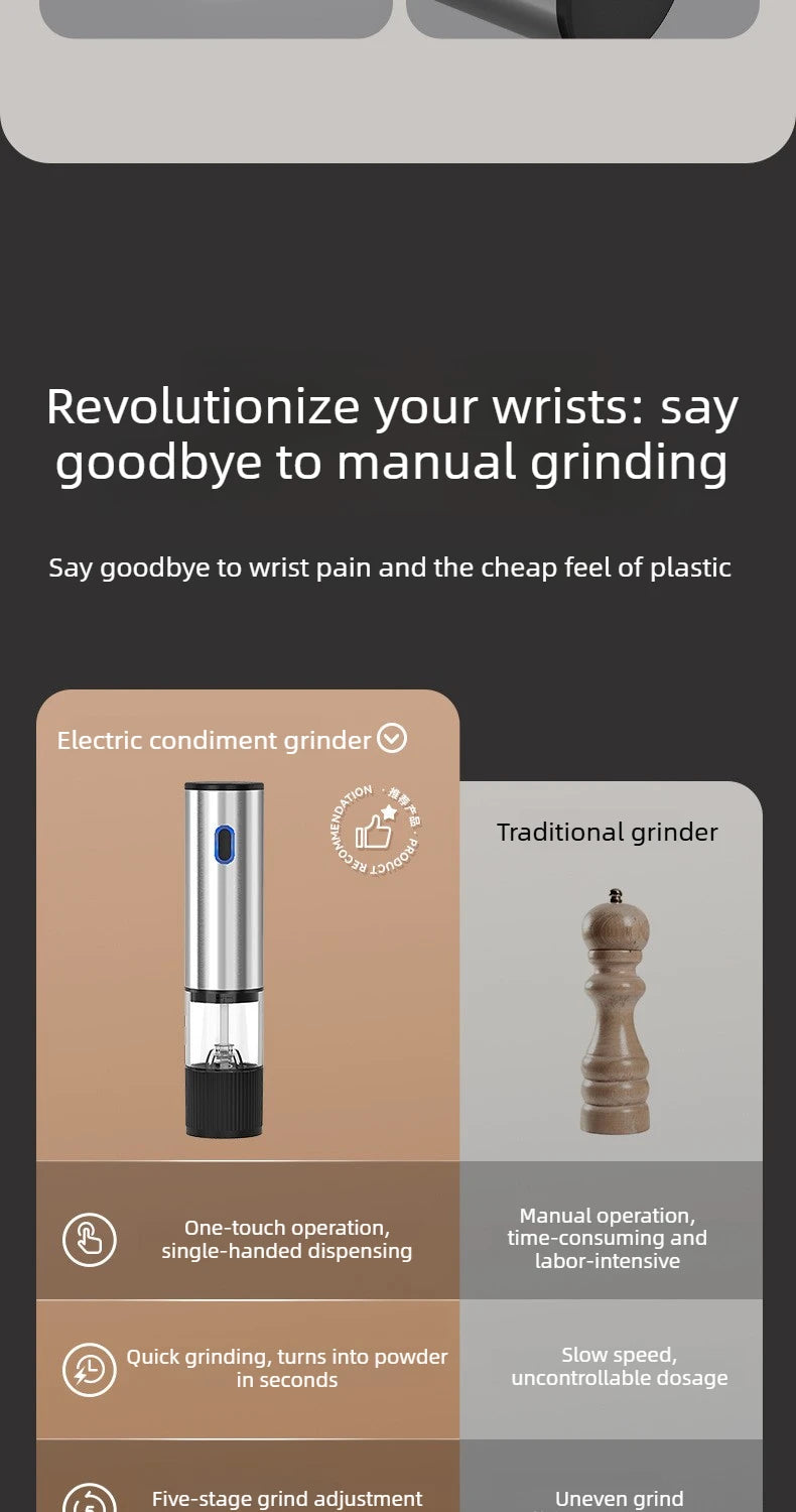 Rechargeable Automatic Salt Pepper Grinder Set Electric Grinding Mill with External Coarseness Adjustment Home Kitchen Gadgets