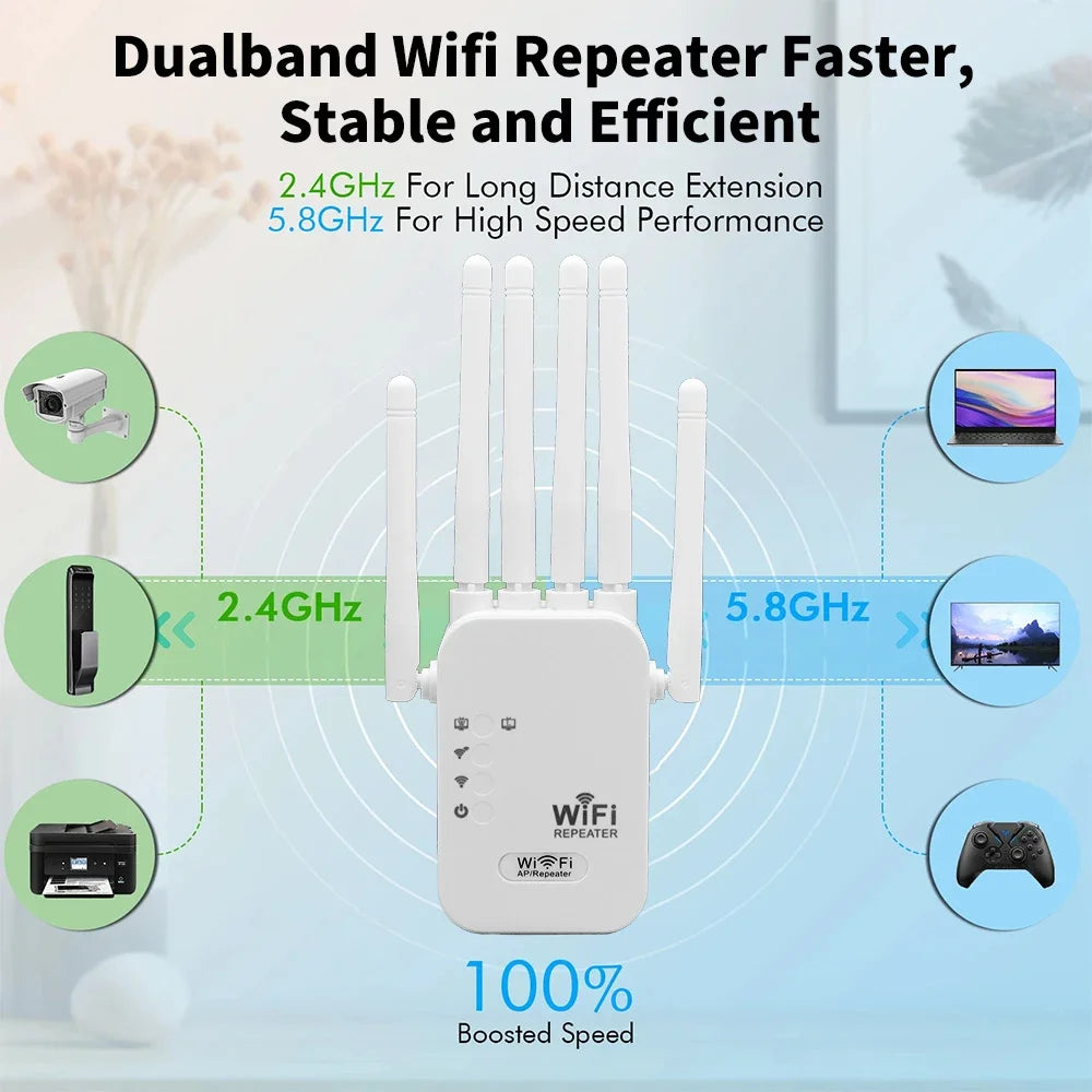 1200Mbps Wifi Repeater Dual Band 2.4G 5G Network Range Extender Signal Booster Amplifier 6Antenna Wireless WiFi Router