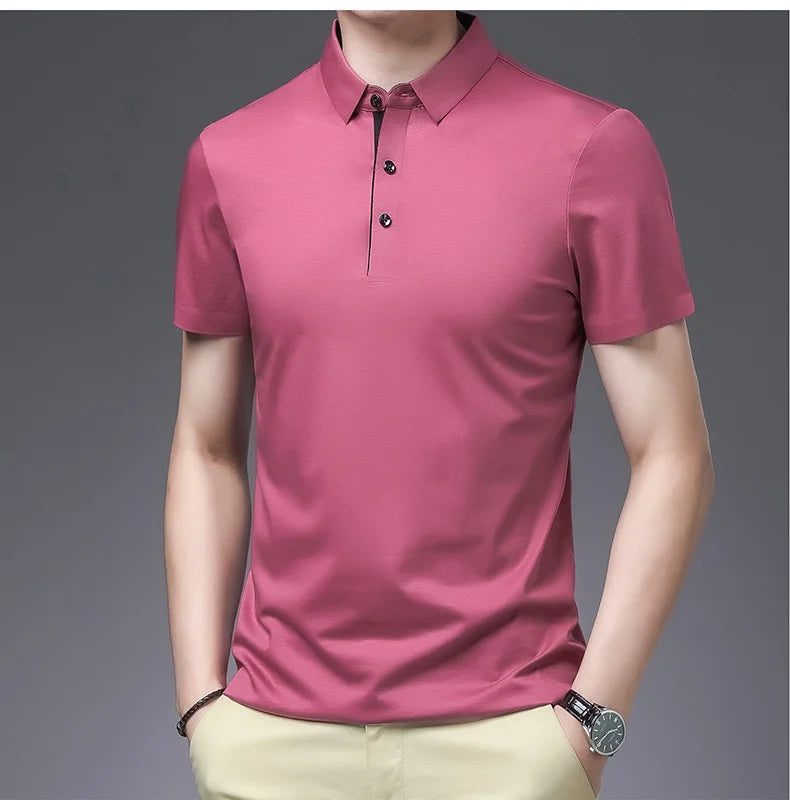 Bamboo Fiber Viscose And Cotton Blend Polo Shirt Men Short Sleeve Collar New Seamless T-shirt Summer Thin Lightweight Poloshirt