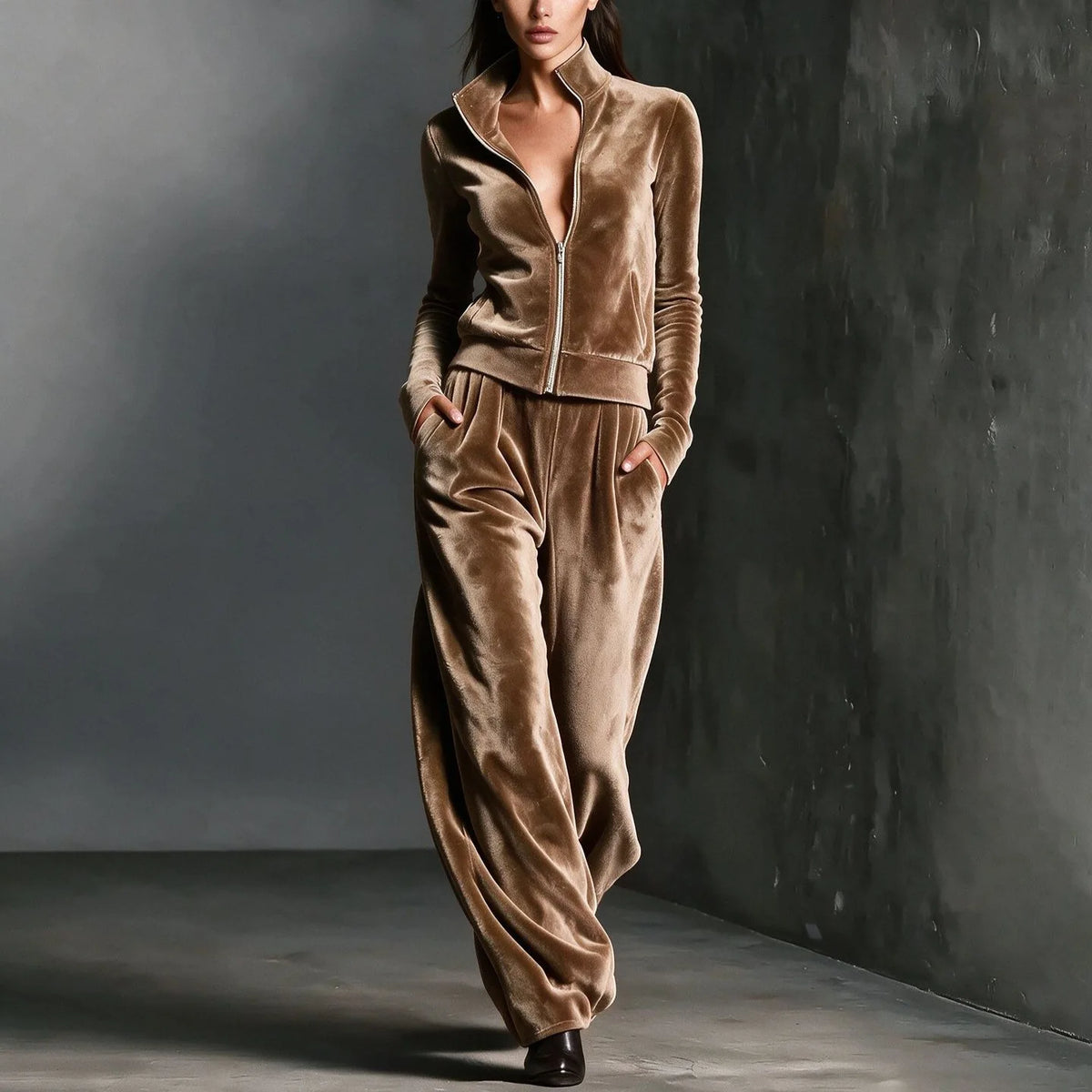 Women's Velour Two-piece Set Autumn Winter Zip Up Stand Collar Long Sleeve Jacket + Long Pant 2 Piece Sets Fashion Sports Sets