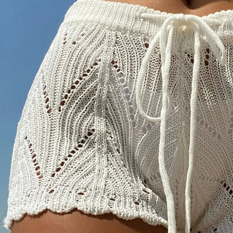 Spring Summer Solid Color Beach Fashion Sexy Hollow Bikini Set with Covered Knit Shorts for Women