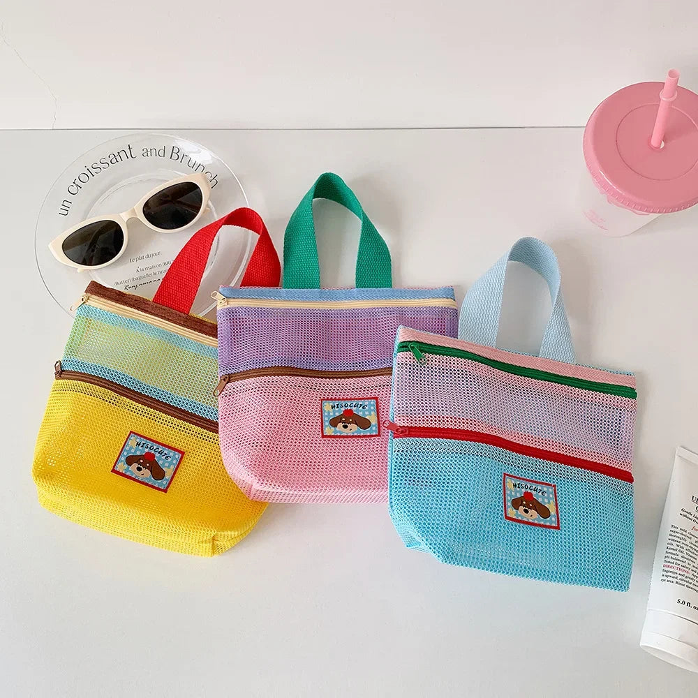 Women's Color-Block Mesh Makeup Bag with Top Handle and Cute Patch Small Cosmetic Pouch for Daily Travel Essentials Storage