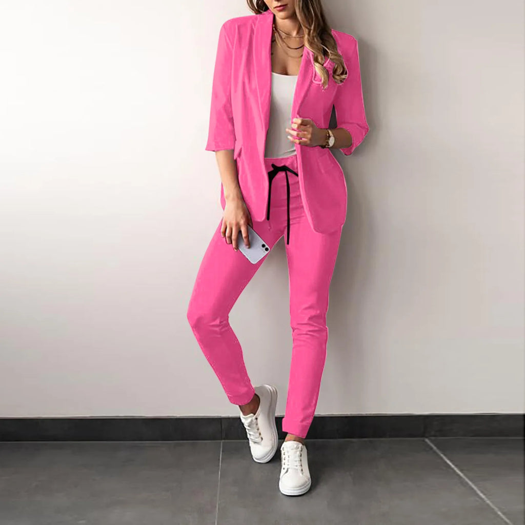 2024 Women's Two Piece Pant Suit Set Outfits Spring Autumn Turn Down Print Blazer Coat Drawstring Pants Suit Women Casual Sets