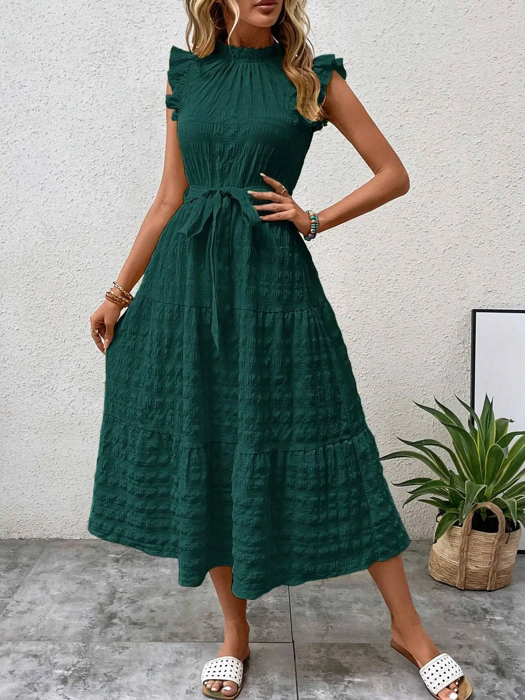 Elegant Women's Summer New Fashion Wooden Ear Edge Flying Sleeve Lace Up Texture Dress Purple  Sleeveless Lace Up Long Dresses