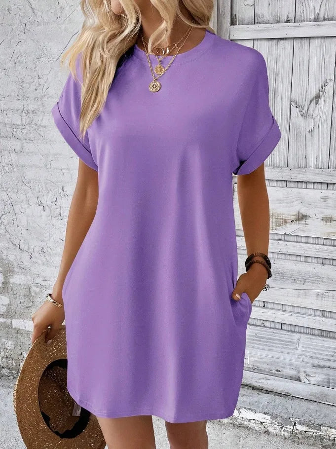 New women's spring and summer fashionable temperament casual commuting solid color round neck loose short sleeved pocket dress