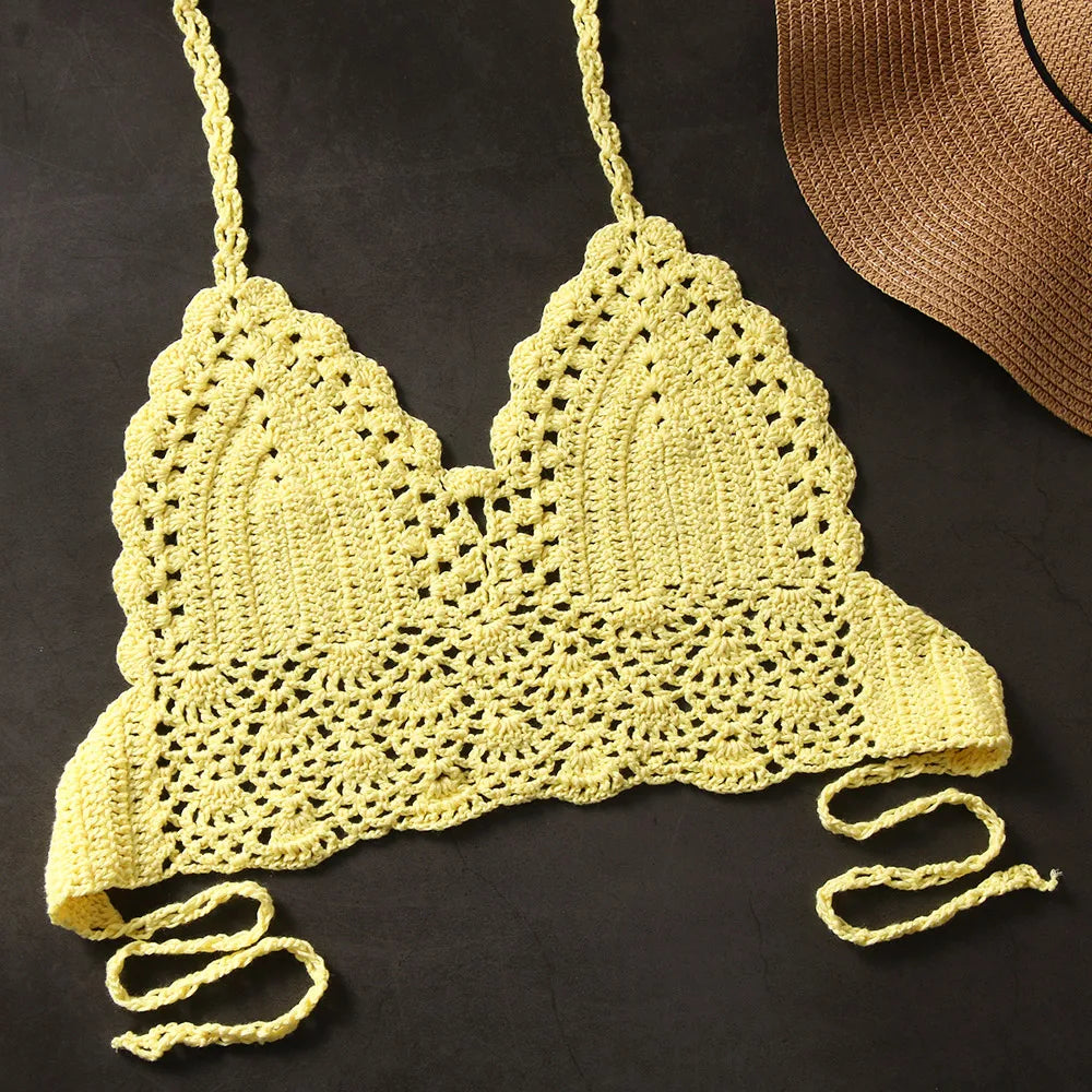 Women Summer Sexy Bikini Crochet Crop Top Boho Beach Camisoles Knit Bralette Bra Halter Neck Vest Holiday Beachwear