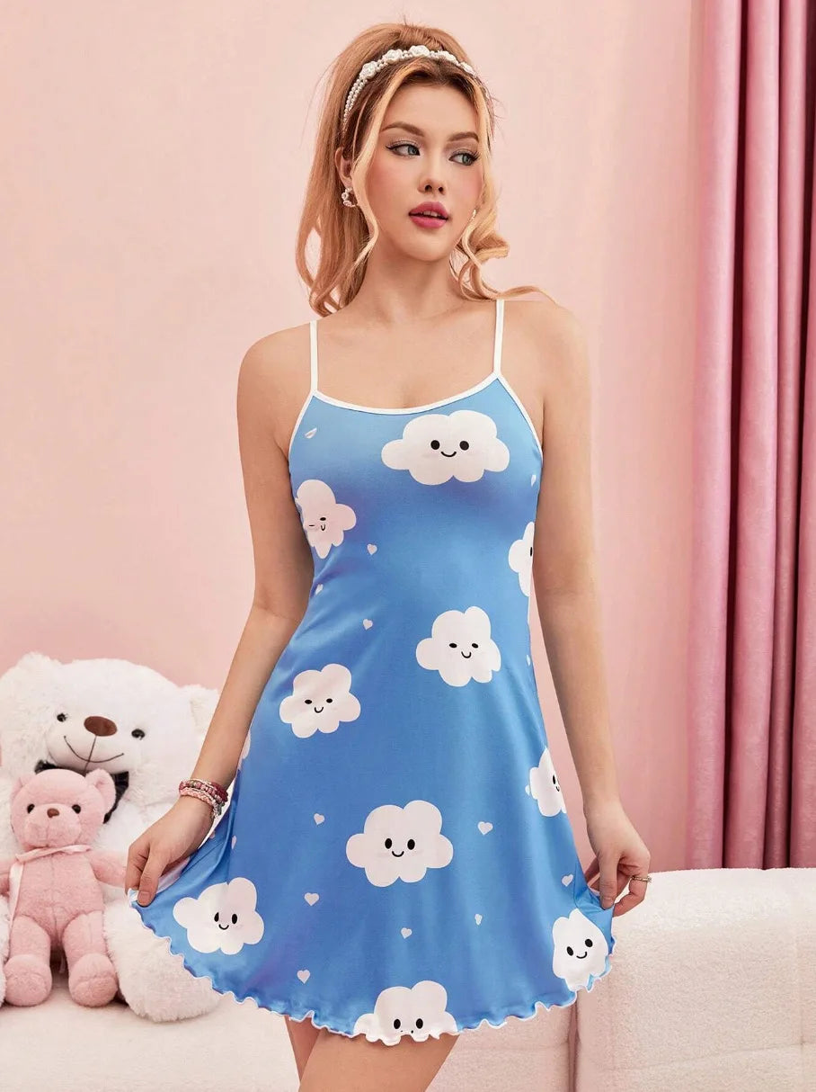 New Summer Nightdress Cute Cat Pattern Light Breathable Fabric Girls Loose Nightdress For Bedroom