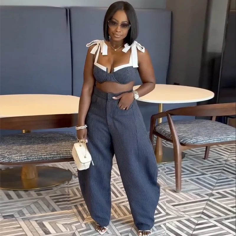 Pant Set Women Two Piece Sets Strapless Sleeveless Sexy Tops Wide Leg Long Pants High Waist Y2k Streetwear Elegant Slim Fit