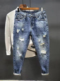 Nine-point jeans with holes for men's thin fashion brand slim feet in summer and summer Korean  style spring and autumn pants