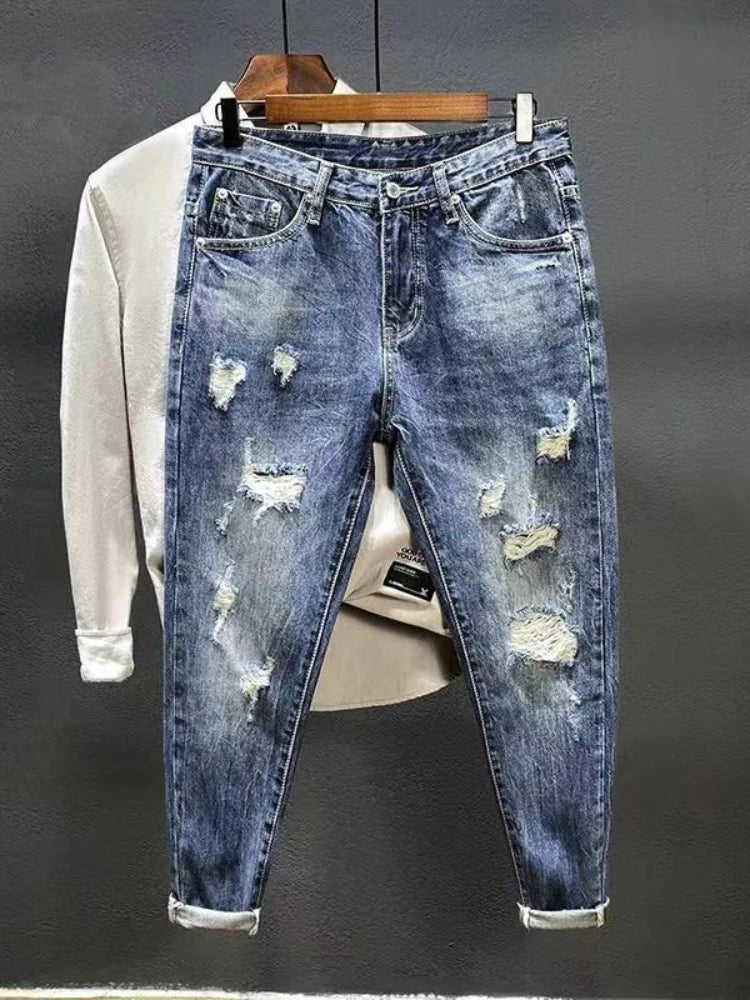 Nine-point jeans with holes for men's thin fashion brand slim feet in summer and summer Korean  style spring and autumn pants