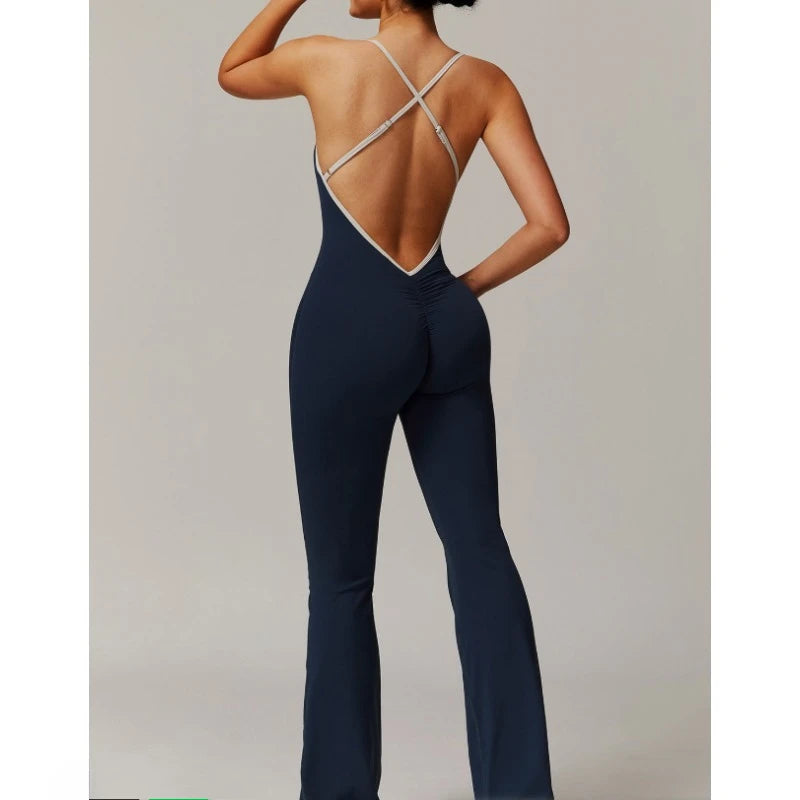 Summer V Back One-piece Suit Women Sports Jumpsuit  Yoga Rompers Backless Sportswear Women Sleeveles Workout Bodysuits