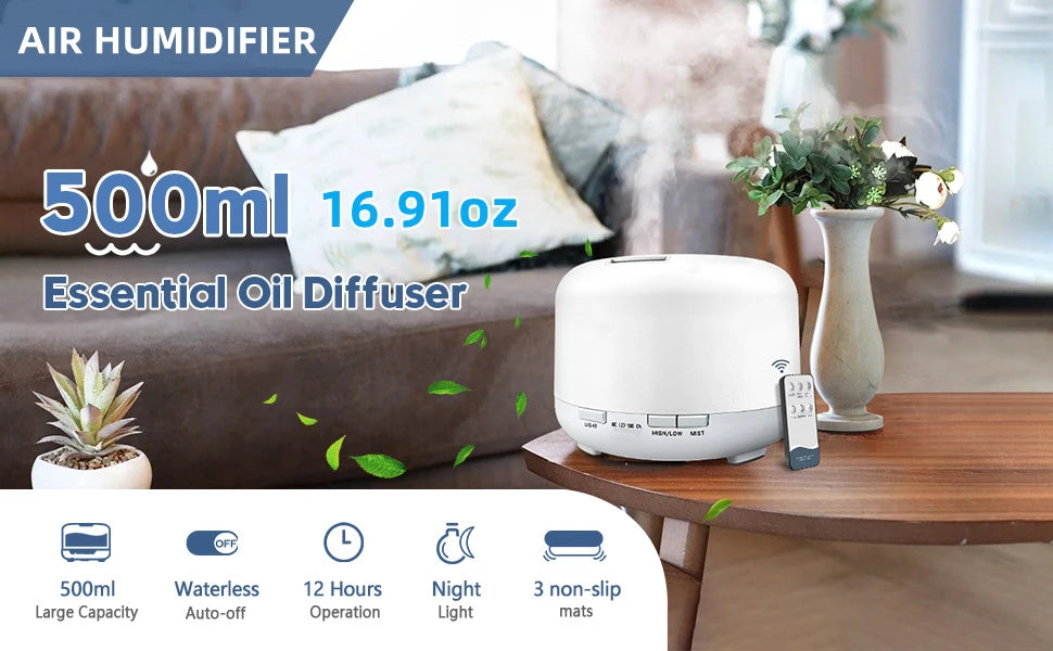 Aroma Diffuser Air Humidifier, Quiet 5-in-1 Premium Humidifier, Home Fragrance Aroma Diffuser with 7 LED Color Changing Light