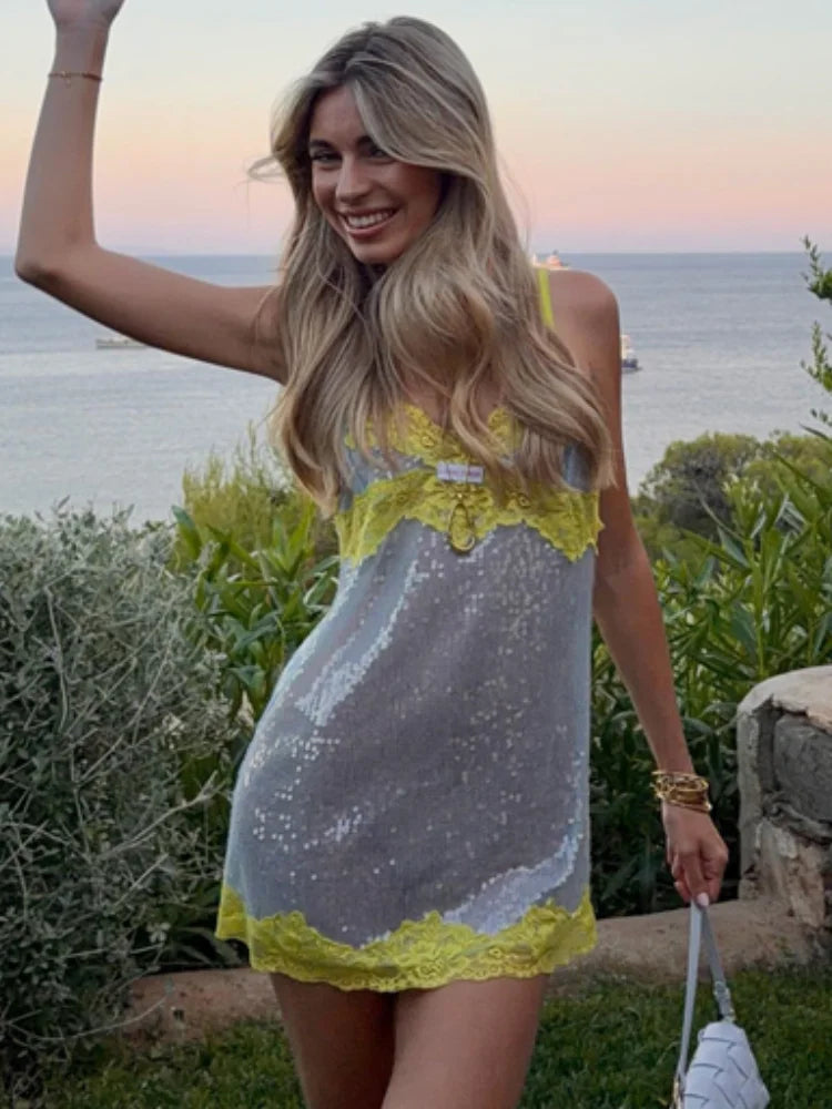 Sequin Lace Trim Patchwork Dress Women Chic Sleeveless High Waist Suspenders Sling Short Dresses 2026 Sexy Party Club Outfits