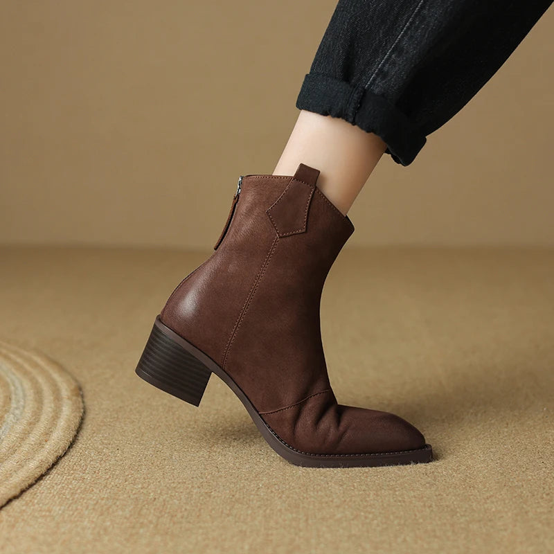 Fashion Short Boots Autumn Winter Basic Women Ankle Boots Genuine Leather Thick Heels Pointed Toe Mature New Arrival Boots Women