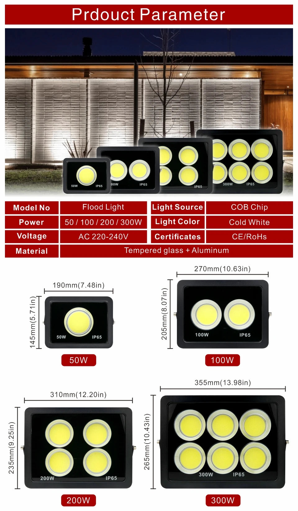 COB Flood Light 300W 200W 100W 50W Outdoor Lighting LED Floodlight 220V Spotlight IP65 Modern Waterproof Outdoor Led Garden Lamp