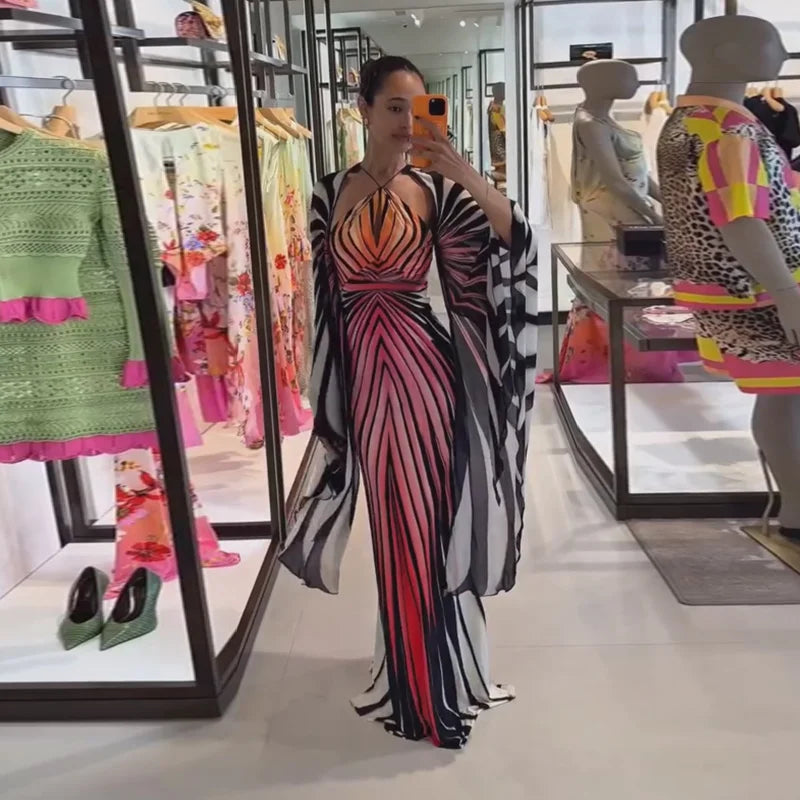 Printed Batwing Sleeve Halter Party Dress Women's Sexy Backless Full Sleeved Maxi Dresses 2026 Autumn Lady Evening Gown