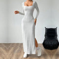 Elegant Women Summer Dress Square Neck Backless Long Sleeve Midi Dress Simple Chic Design