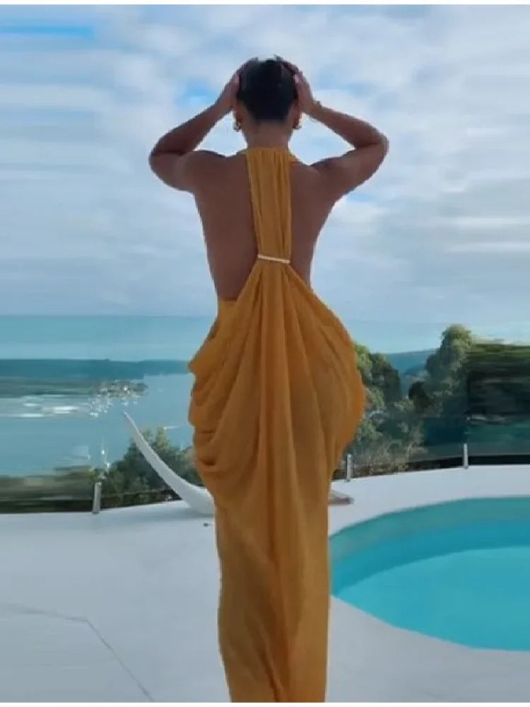 Chic Bohemian Yellow Dress Draped Chiffon Vintage Women Dresses Party Summer Vacation Beach Trendy Streetwear