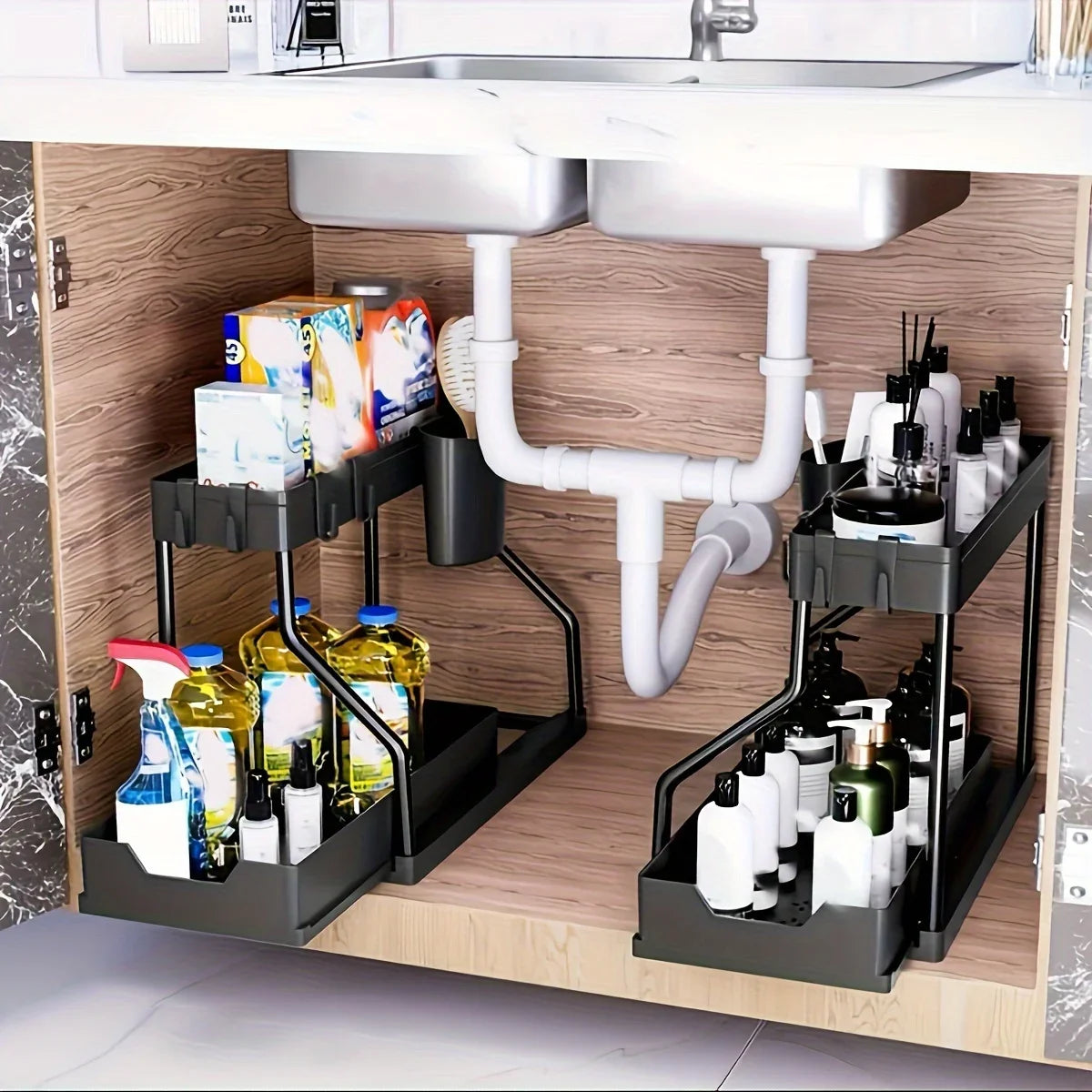Space Saving 2 Tier Under Sink Organizer,Pull Out Storage Box Durable Large Capacity Kitchen Bathroom Essential Drawer Organizer
